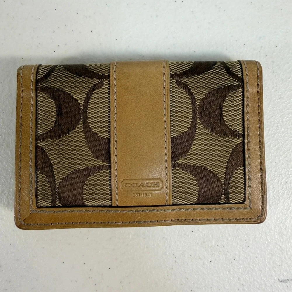 Coach Card Holder Signature Jacquard Leather Trim ID Holder Window Brown‎ Tan